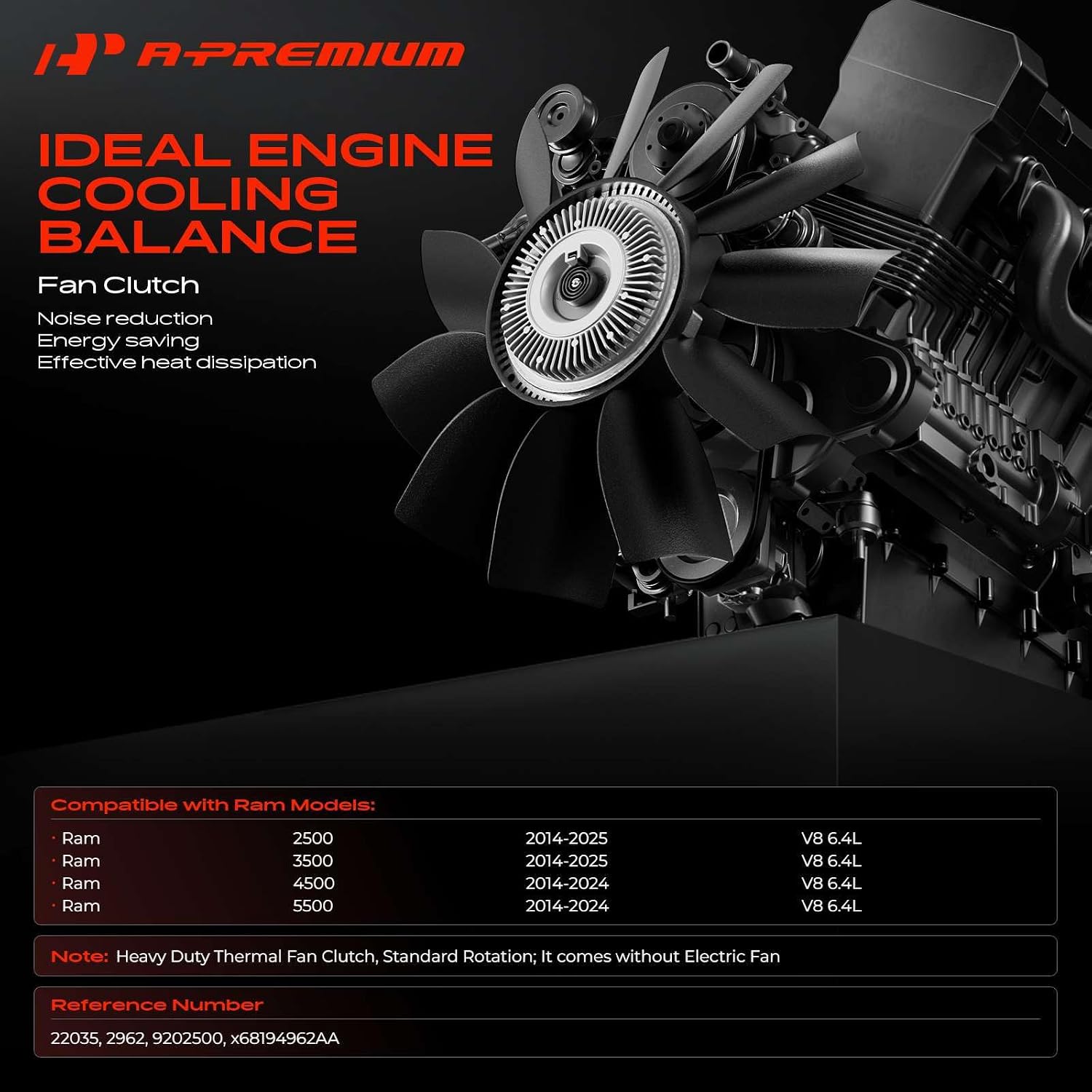 A-Premium Engine Cooling Fan Clutch Compatible with Ram 2500 3500 2014-2025, 4500 5500 2014-2024, 6.4L