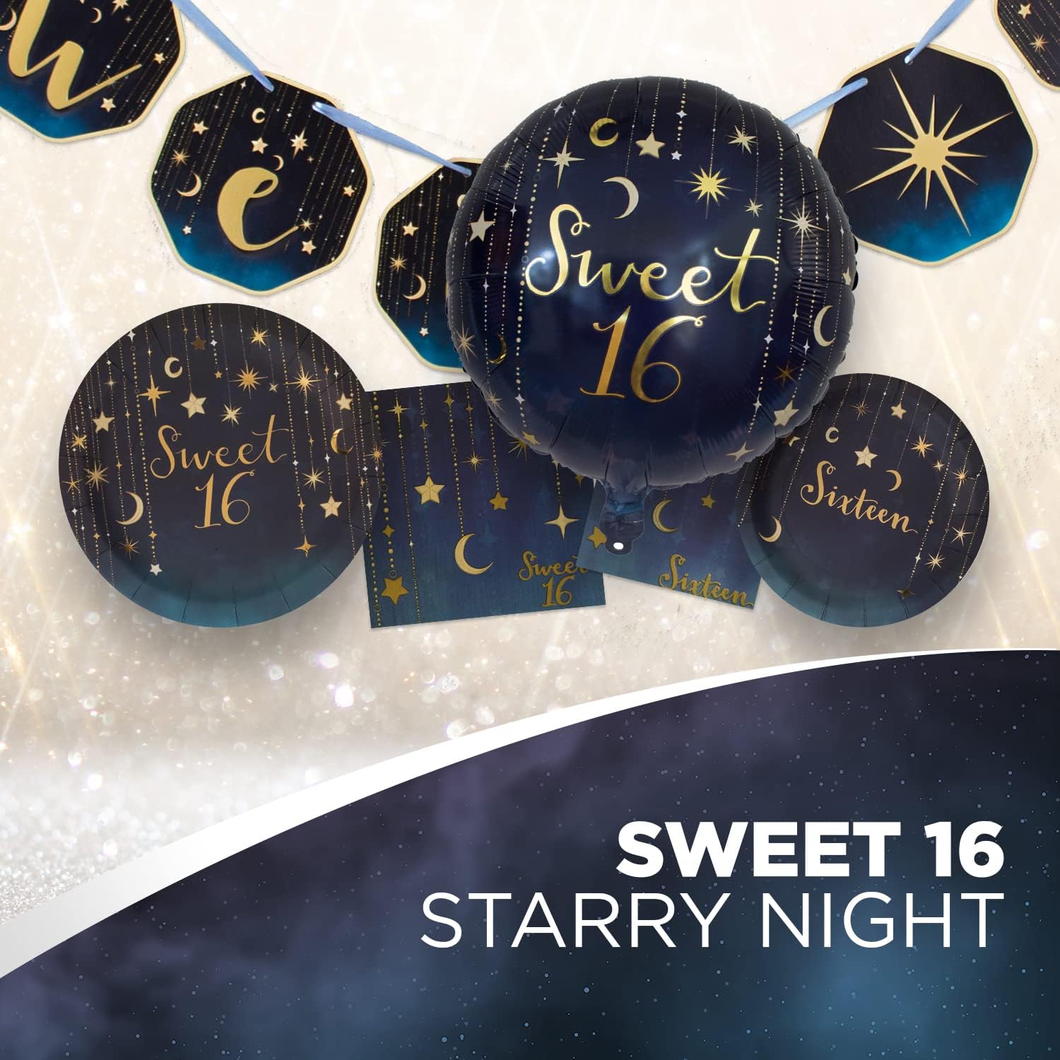 Havercamp Starry Night Sweet 16 Party Bundle - Dinner & Dessert Plates, Luncheon & Beverage Napkins, Garland, Mylar Balloon - Girl's 16th Birthday Party