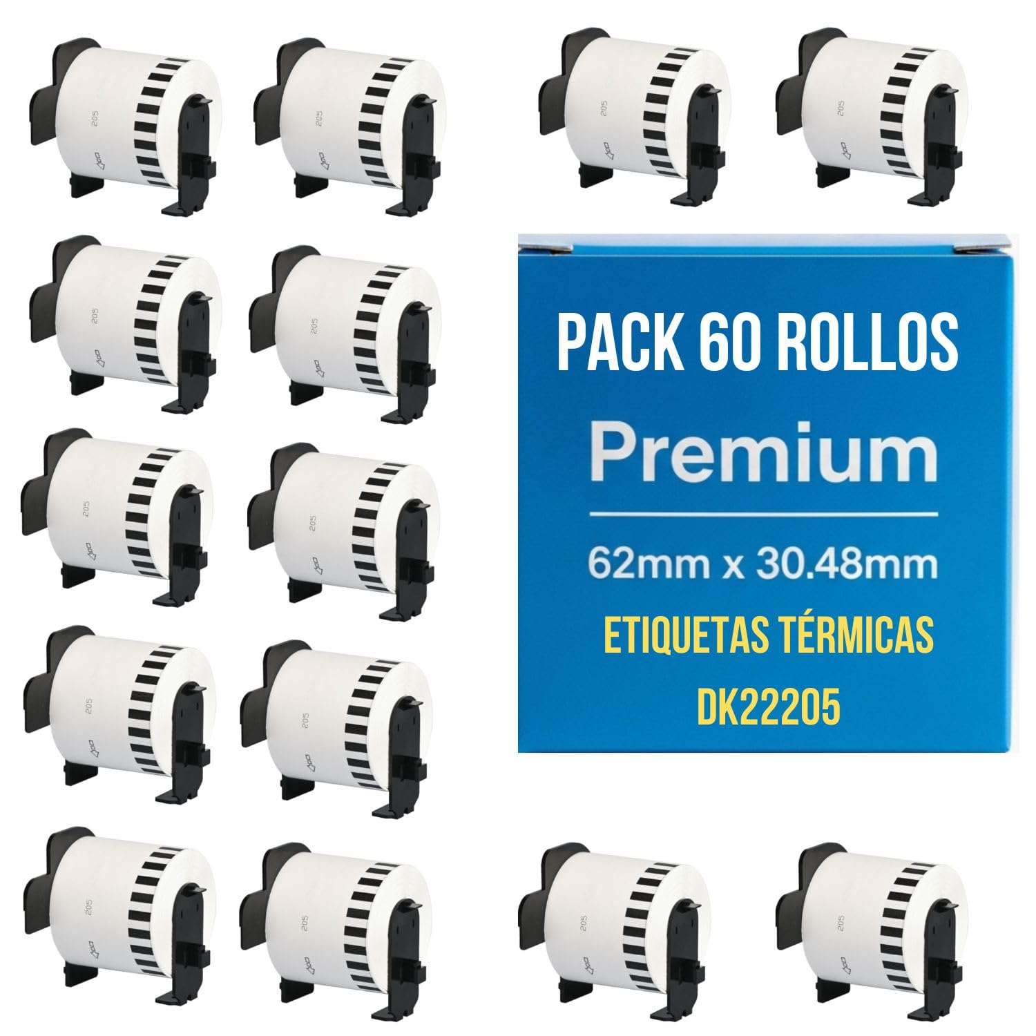 60 Rollos de Etiquetas DK22205 compatible con Brother QL - Cinta Continua de Papel Térmico 62mm x 30.48m, para Impresoras QL-500 550 570 700 710W 720NW 800 810W 820NW