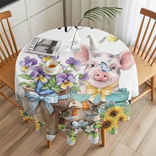 Round Table Cloth 54 Inch, Spring Blossom Flower Butterfly Waterproof Spill Proof Tablecloth Farm Pig Wood Grain Polyester Washable Oli-Proof Table Cloths for Parties Dining Room