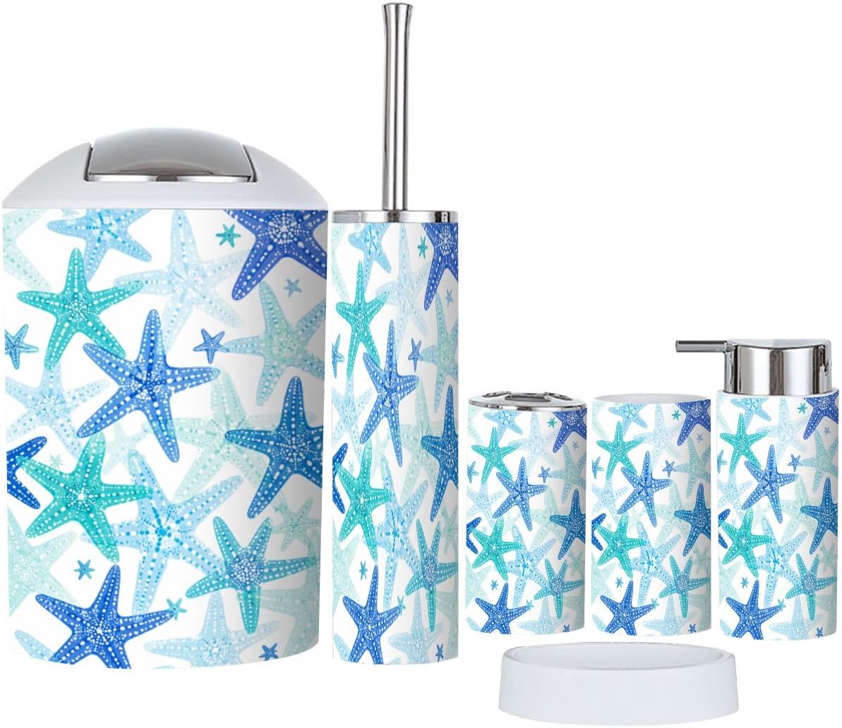 Bathroom Accessories Set 6 piece Colourful Seamless sea Star Fish Plastic shatterproof Vanity Organization countertop Decor for Home, Apartment, Dorm