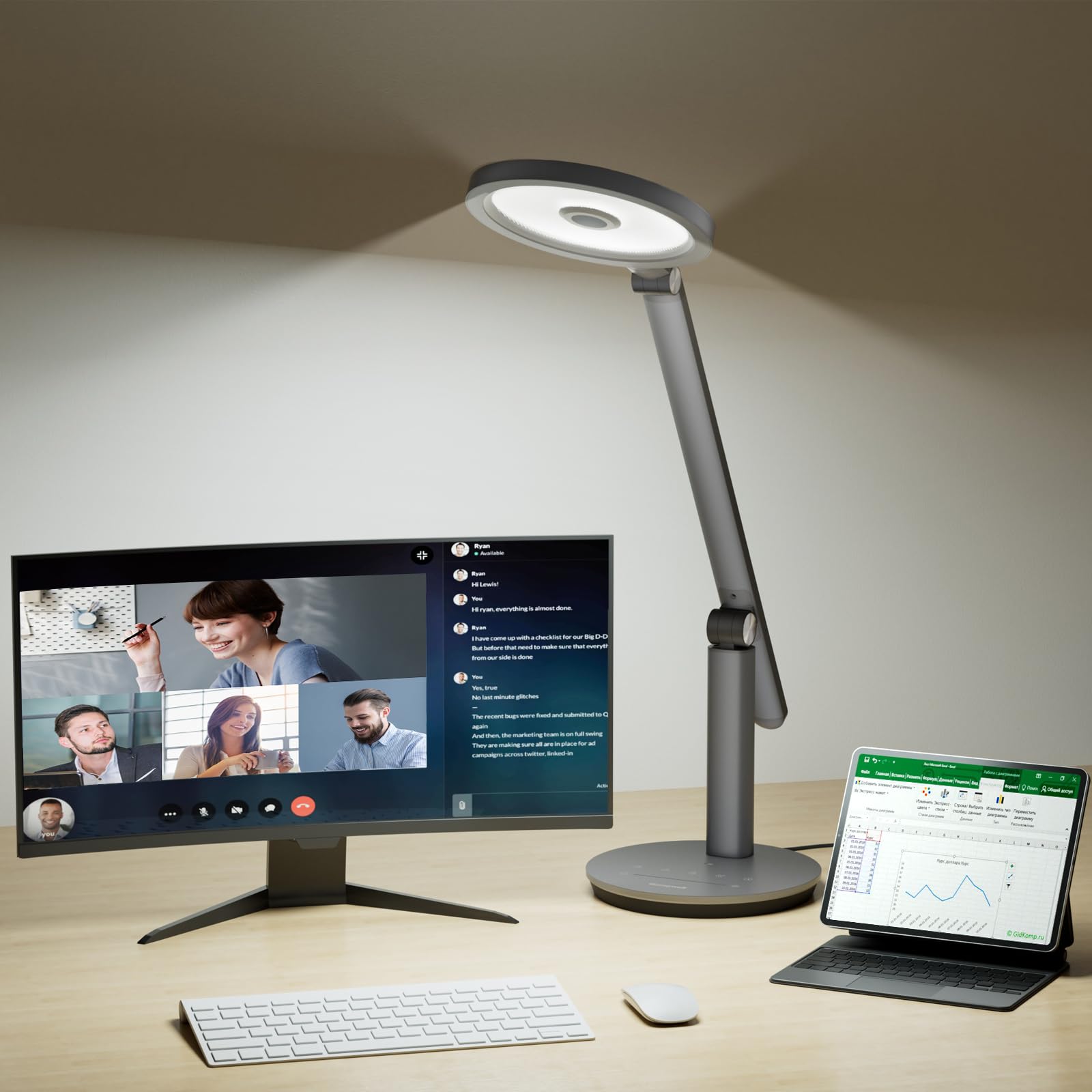 Honeywell Lampara Escritorio, H6 Sunturalux ™ Flexo LED Escritorio, Lámpara de Escritorio Regulable de 800 lm con Temporizador, Lámpara de Mesa para Cámara Web Circular, Estudio y Dormitorio