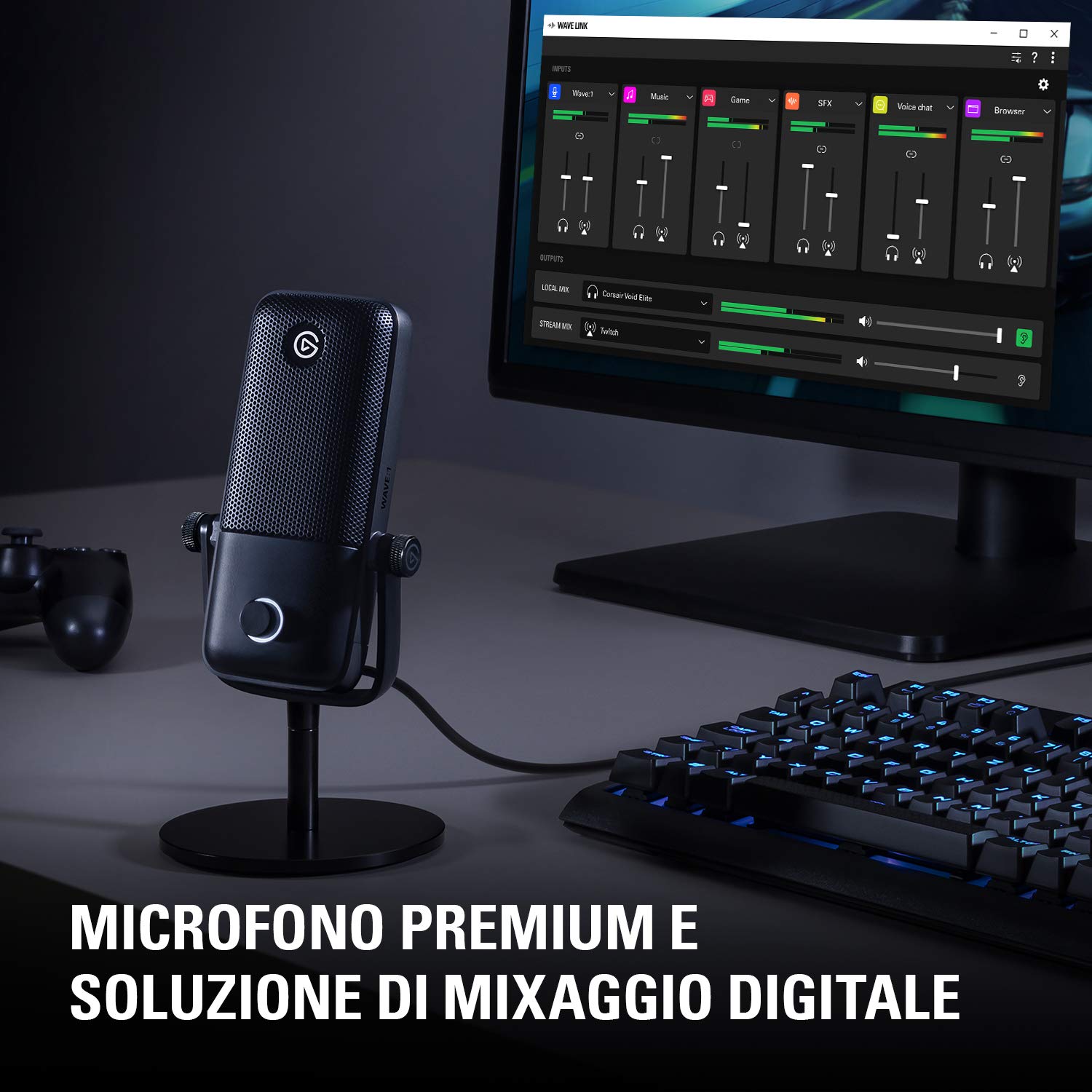 Elgato Wave:1, microfono condensatore USB per streaming, gaming, home office, software di mixaggio gratis, plug-in per effetti audio, anti-distorsione, plug & play, Mac/PC