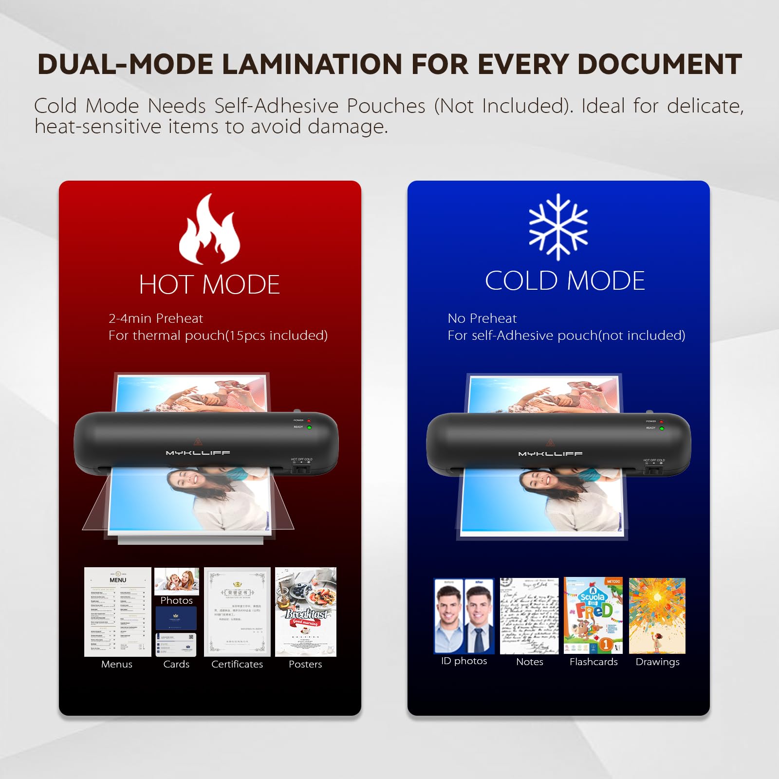 Laminatrice termica portatile da 22,9 cm con modalità calda e fredda, piccola macchina per laminazione A4 con rilascio di inceppamento ABS, riscaldamento 3 minuti, kit di laminazione fotografica 6 in