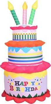 Fraser Hill Farm 6-Ft. Inflatable Happy Birthday Cake with Lights, Outdoor Blow-Up Festive Celebration Party Decor with Blower, Stakes, Ropes, and Storage Bag