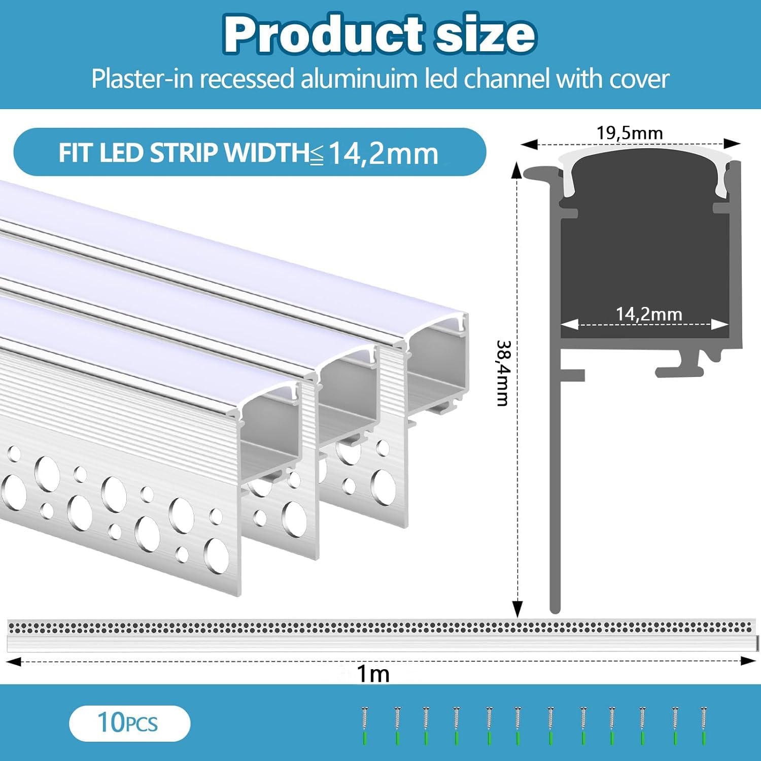 10 Piezas Perfil Aluminio Tira LED 1m, Perfil de Aluminio para Riel LED Empotrado Sin Marco, Difusor Tira LED (Blanco)