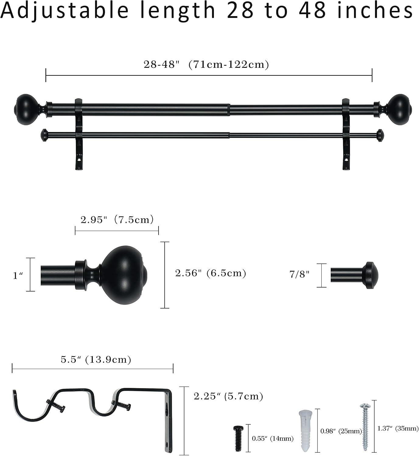 1" Double Curtain Rod with Urm Finials - 28''to 48'', Black