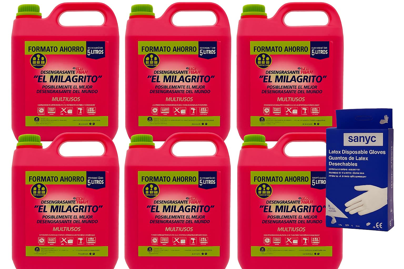 Desengrasante El Milagrito 5 Litros (6) + Guantes de Latex 10 unidades Sanyc