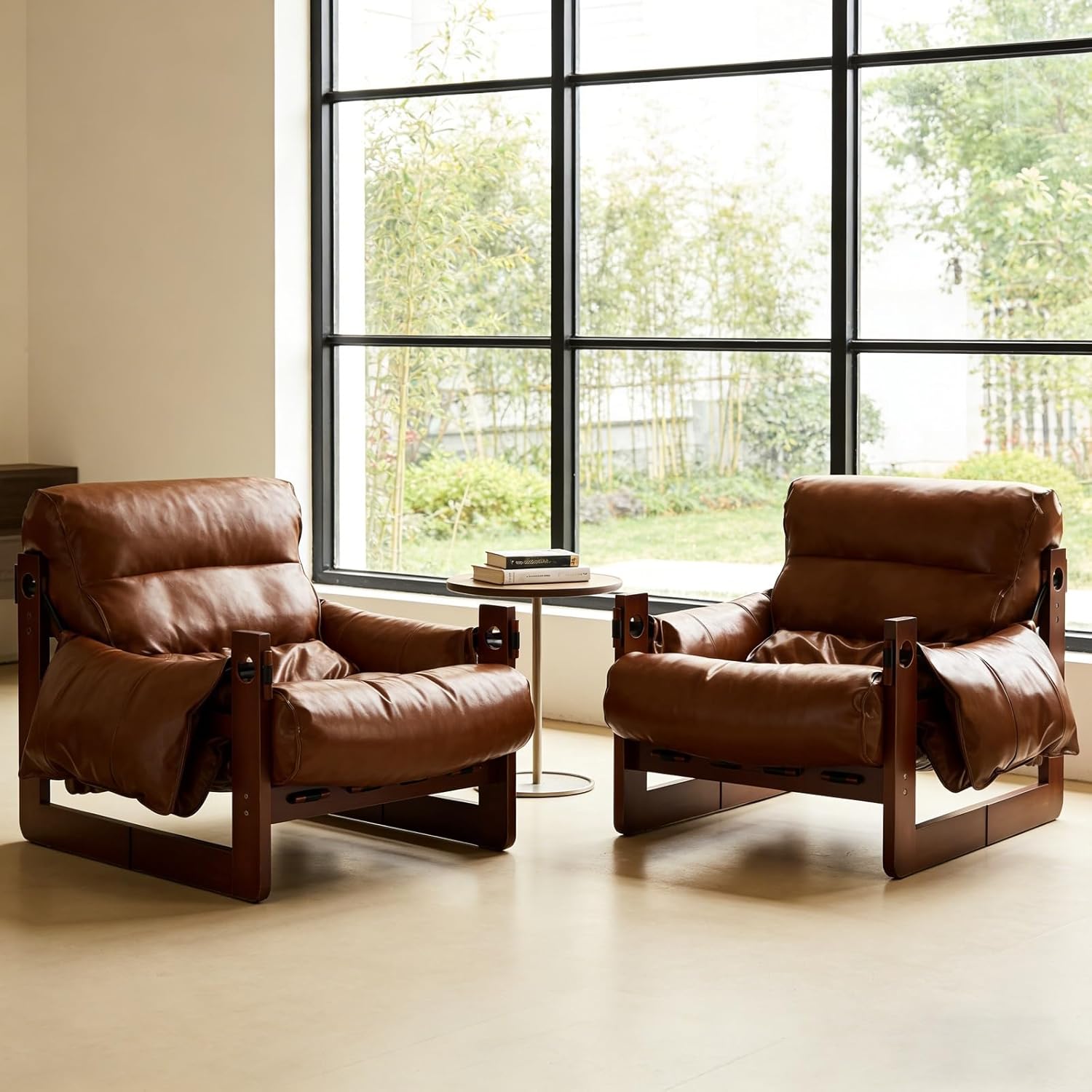 Vintage Lounge Accent Chair, Comfortable Oil Waxed Leather Arm Chair with Sturdy Wood Frame, Upholstered Cozy Sofa Chair for Living Room, Bedroom, Balcony, Home Office(Off-White)