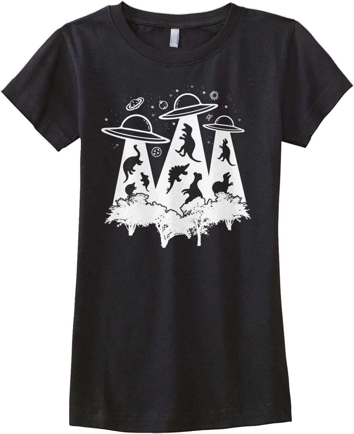 Threadrock Big Girls' Dinosaur Alien Abduction Fitted T-Shirt