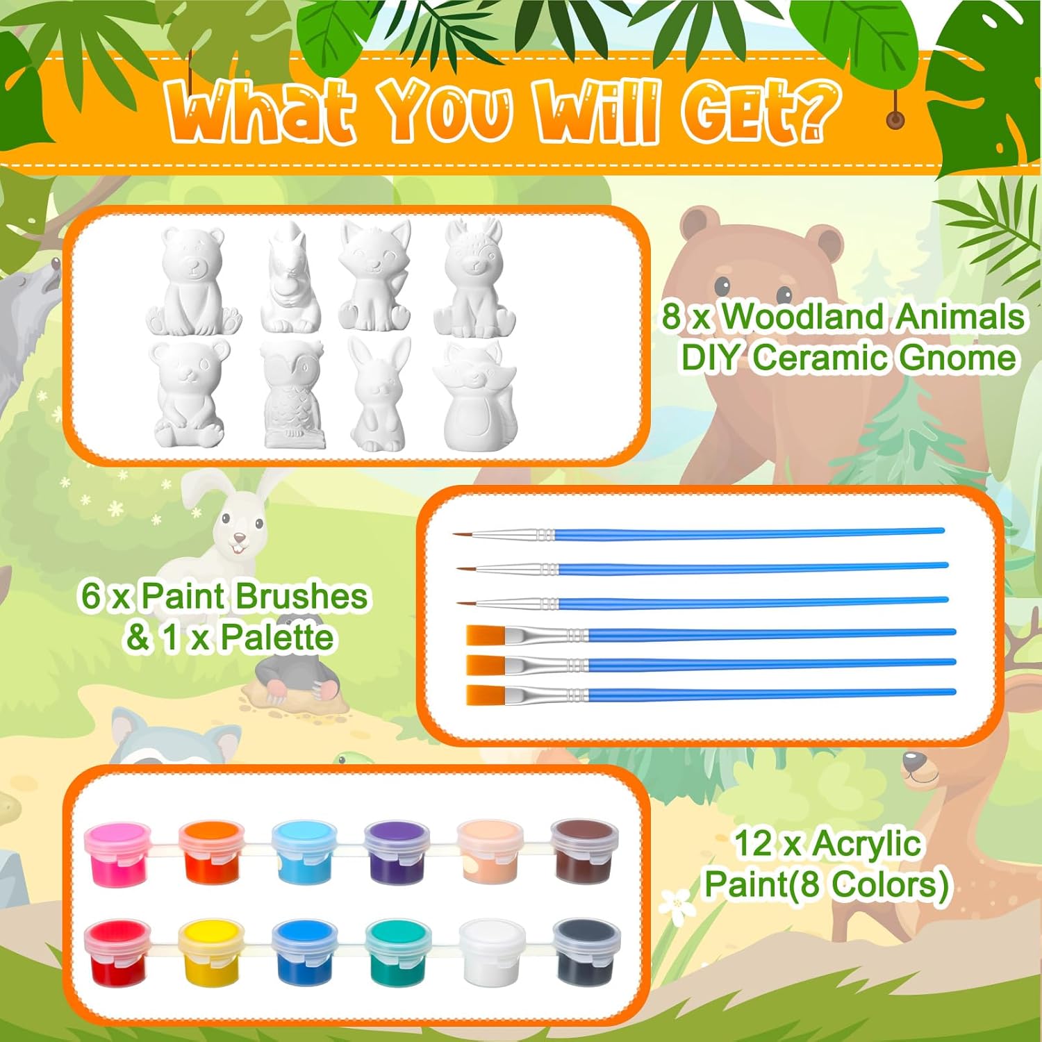 Reallnaive 8 Pack Woodland Animal Ceramics to Paint Ready to Your Own Gnome Statues 3.94" Jungle Theme Paintable Figurines DIY Unpainted Safari Animal Plaster Crafts Kit with Brush Palette Paint