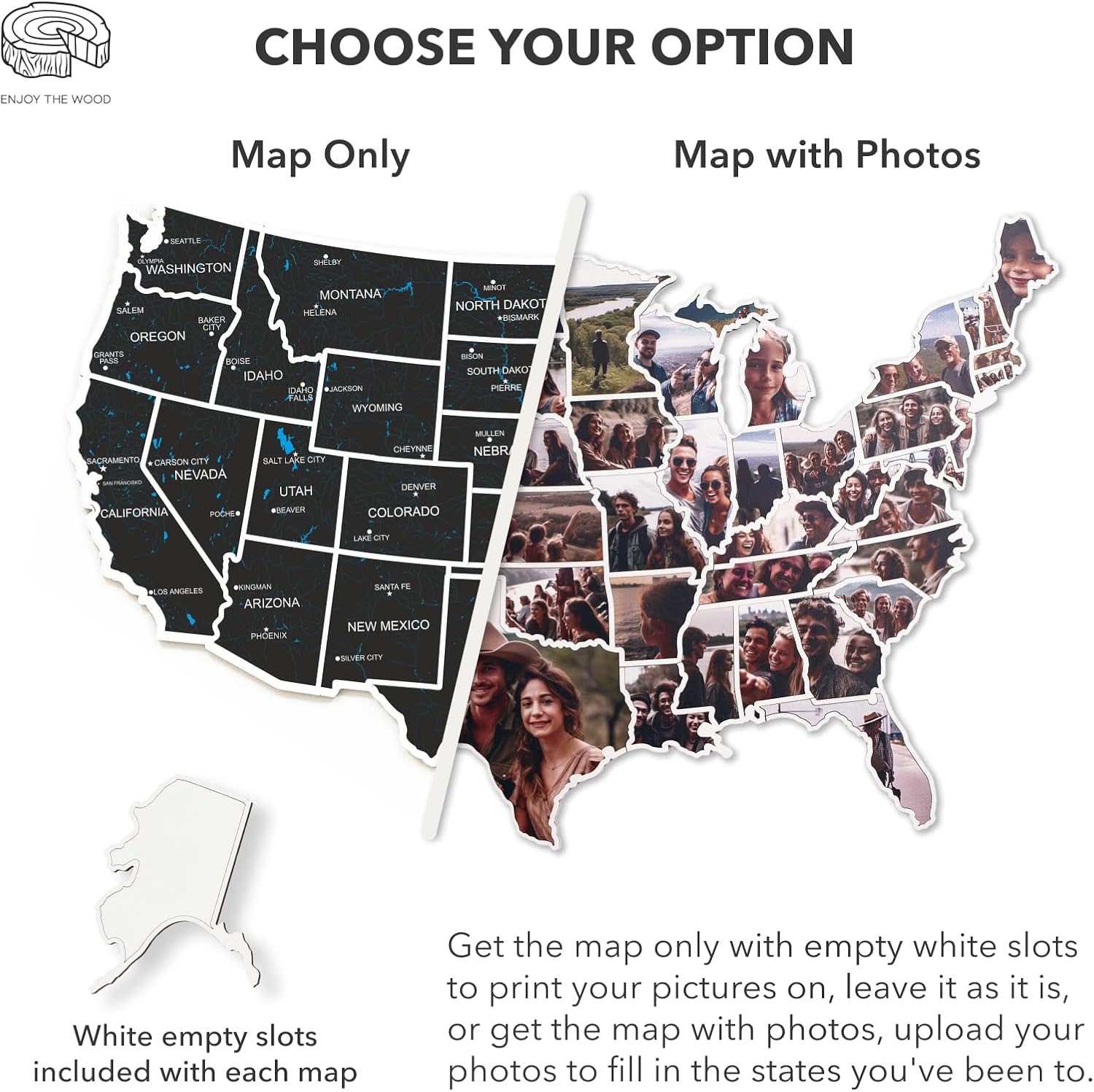 Enjoy The Wood Mark Your Travels USA Photo Map - 50 States Travel Map Places I've Been Visited Places - US States Tracker - Wood Wall Art For Home & Kitchen or Office (Midnight)