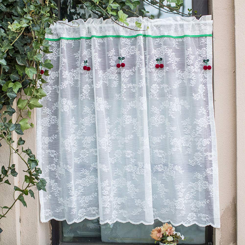 CRYSEU Short Curtains, White Sheer Lace Cherry Curtain Valance, Rod Pocket Short Curtain, Modern Window Treatment Half Curtain(W150xH60cm/W59xH24in)