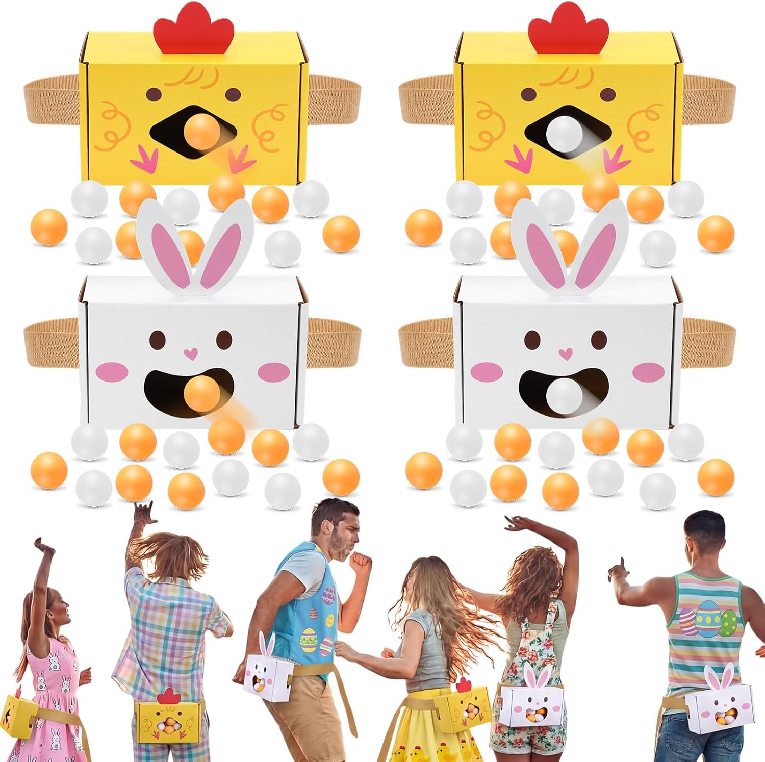 Hollowfly 4 Sets Easter Games Swing Shaking Balls Novelty Twerk Includes 80 Balls and 4 Strap Shake Boxes for Easter Party Favor Supplies Spring Carnival Family Indoor Outdoor Games(Bunny and Chick)
