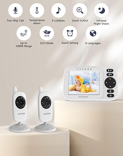 Miniatura 2 de HelloBaby Monitor de bebé con 2 cámaras, pantalla de 3.2 pulgadas, visión nocturna, conversación bidireccional, modo de audio VOXECO, sin monitoreo