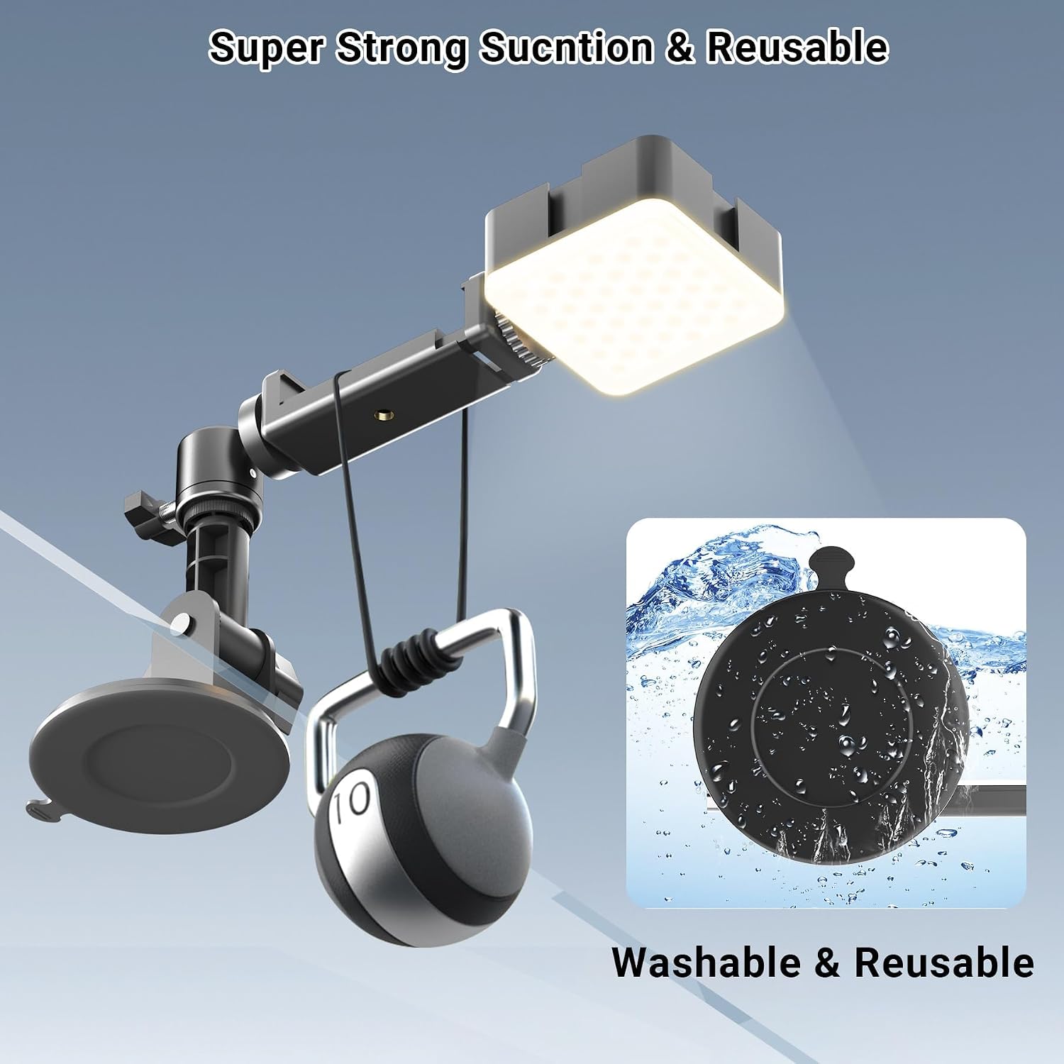 Suction Cup Mirror Phone Holder with Rechargeable Light, Versatile Wall Phone Mount for Content Creator, Mirror Tripod for Car Bathroom All Smooth Surface