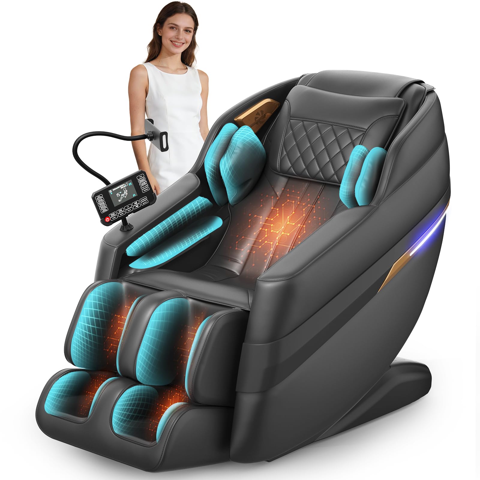 Sillón de masaje 3D SL-Track, sillón de masaje con 8 bolsas de aire, calefacción en piernas y cintura, masaje con rodillos para los pies, control por voz con IA y altavoz Bluetooth, modo gravedad cero