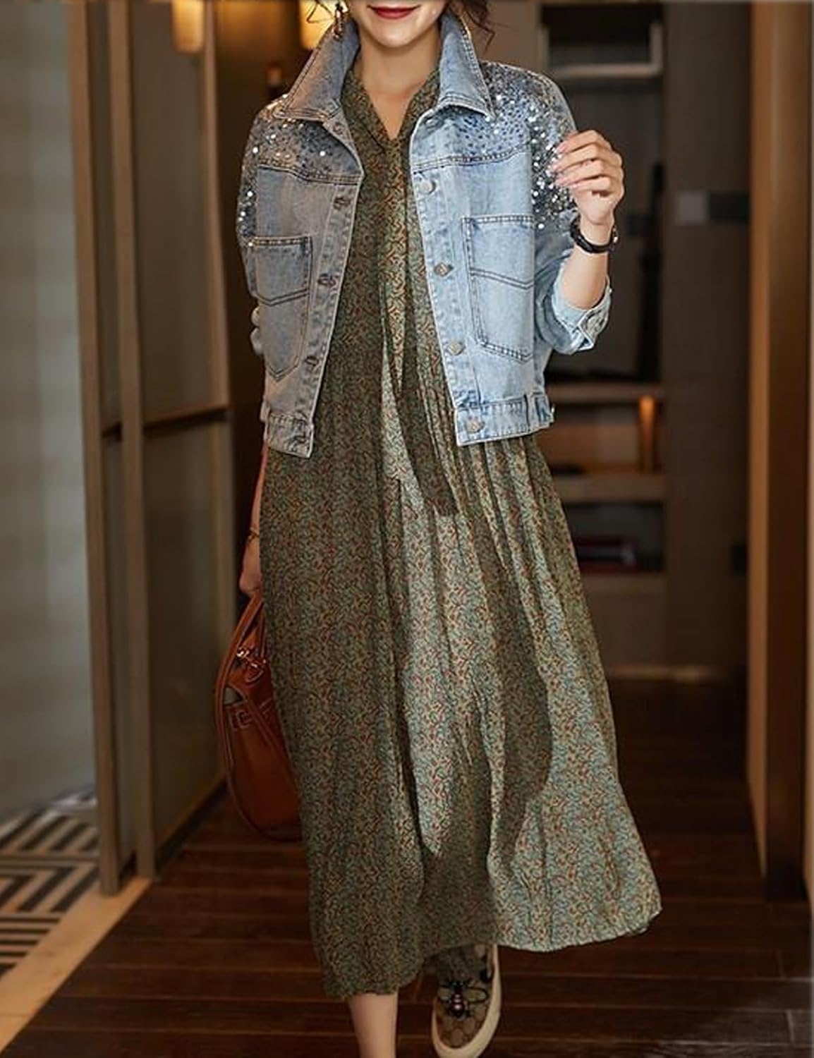 Women's Sequined Denim Jacket Long Sleeve Crop Jean Jacket Button up Jean Coat