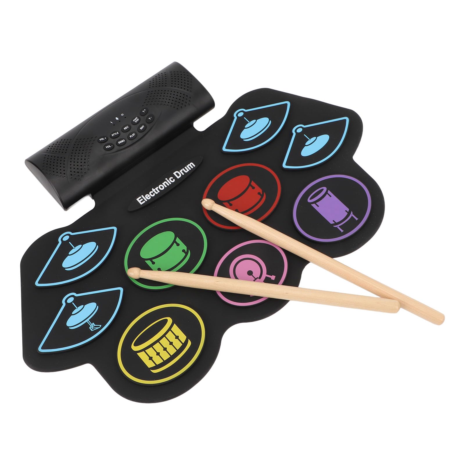 Alomejor Set Pad Per Batteria Elettronica, Tappetino Per Batteria Arrotolabile Ricaricabile Con 7 Toni Di 10 Canzoni Demo Uscita MIDI, Con Bacchetta E Pedale, Per Bambini (Spina europea)