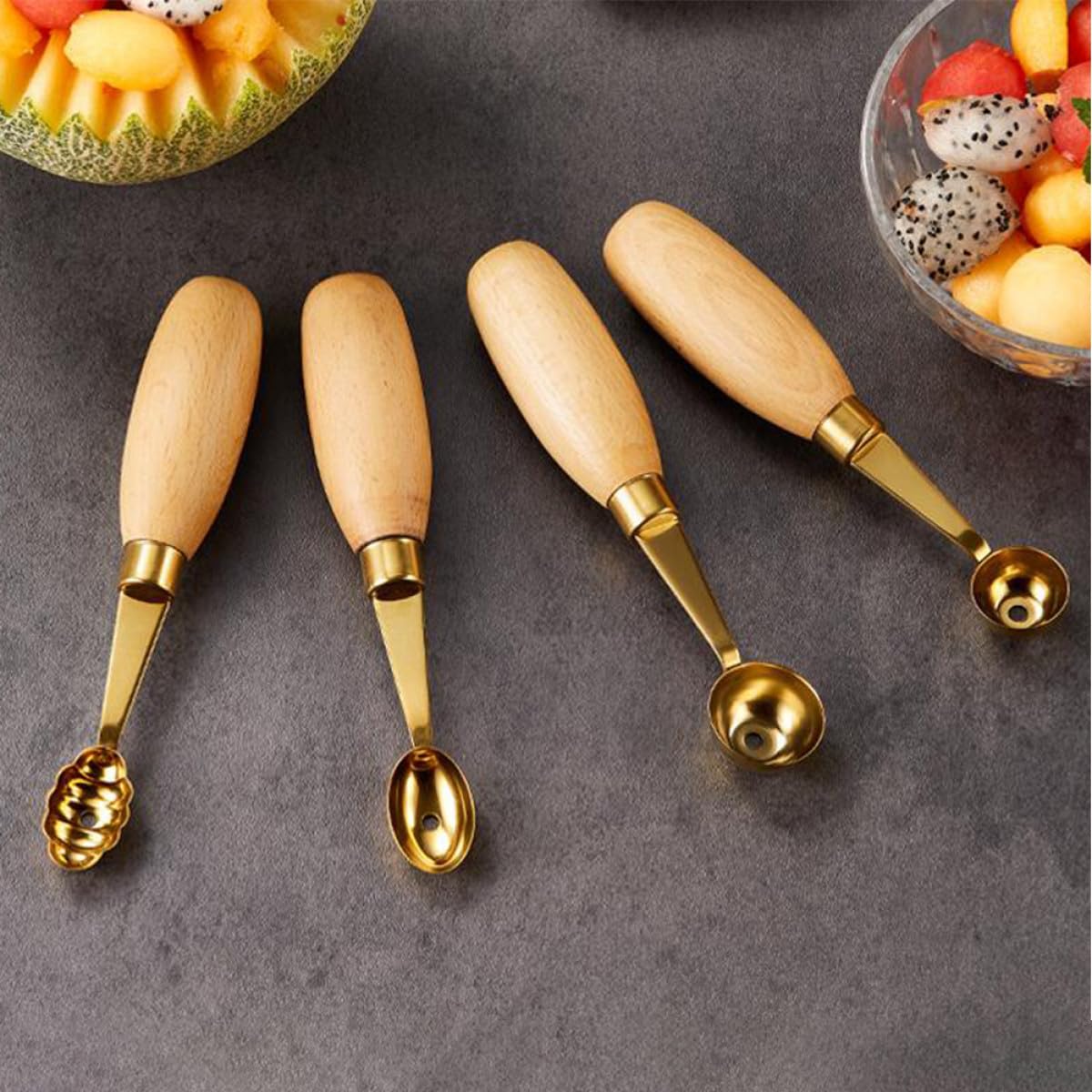 Hacer Bolas de Melón Juego de 4 Cucharas Redondas Fáciles de Usar de Acero Inoxidable y Madera Ideales para Postres Decorativos en Casa