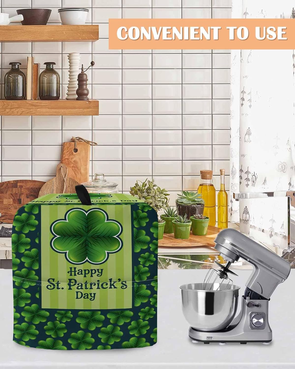 Happy St. Patrick's Day Stand Mixer Cover with Storage Pocket, Waterproof Kitchen Mixer Covers, Spring Lucky Grass Watercolor Kitchen Appliance Dust Cover Compatible with 6-9 Quart Mixers