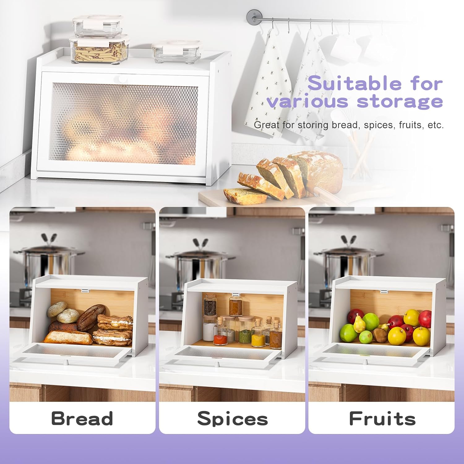 Large Farmhouse Bread Box with Window -White Natural Wood Bread Storage Container for Kitchen Countertop