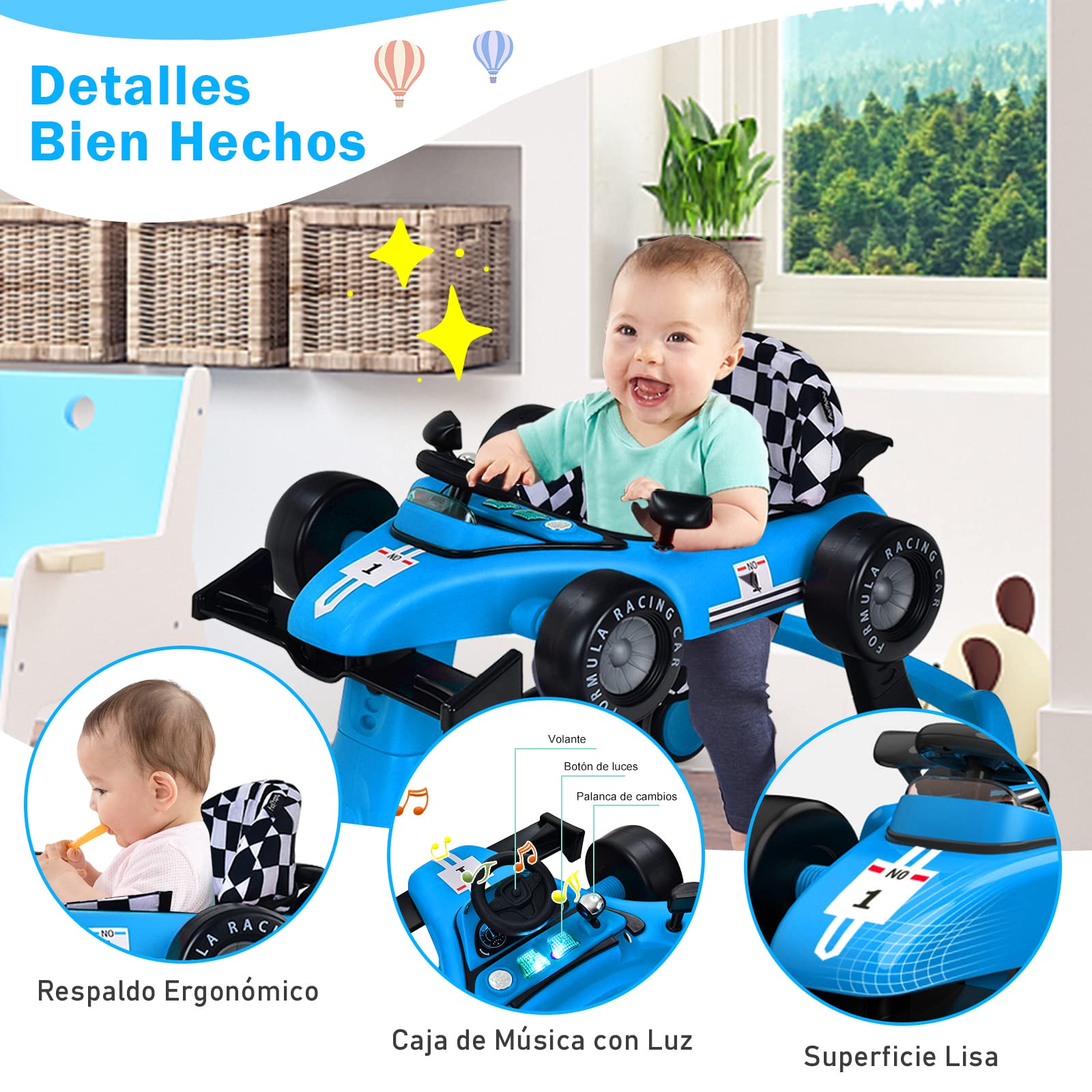 COSTWAY 4 en 1 Andador Bebes, Tacata Bebe Plegable con Altura y Velocidad Regulables, Carillón con Luces, Volante y Asiento con Cojín, Diseño Antivuelco, Caminador para Bebe de 6-18 Meses — view 7