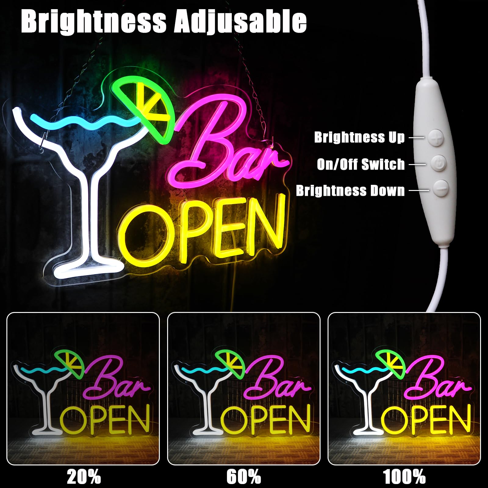 Panneau néon « Bar Open » Enseigne Néon Cocktails pour Décoration Murale Bar Applique Néon USB Led Enseigne Ouverte pour Bar à Bière Club Business Maison Pub Man Cave Décorations de Fête