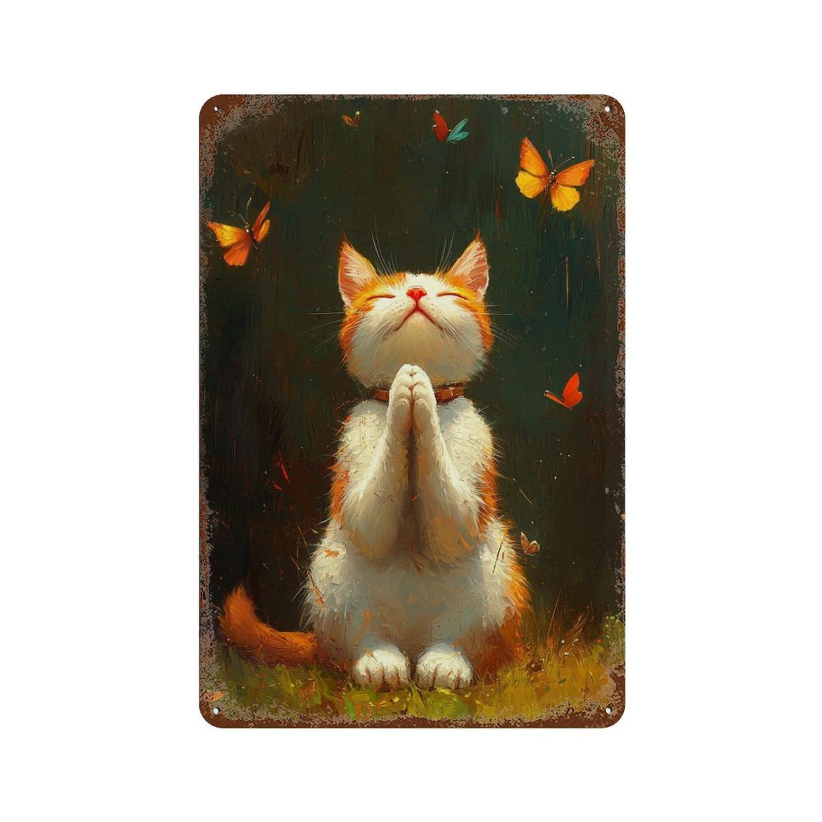 Praying Cat with Butterflies 11.8"x7.9" Weathered Tin Sign, Shabby Chic Decor for Cafe, Home Bar And Lounge Decor