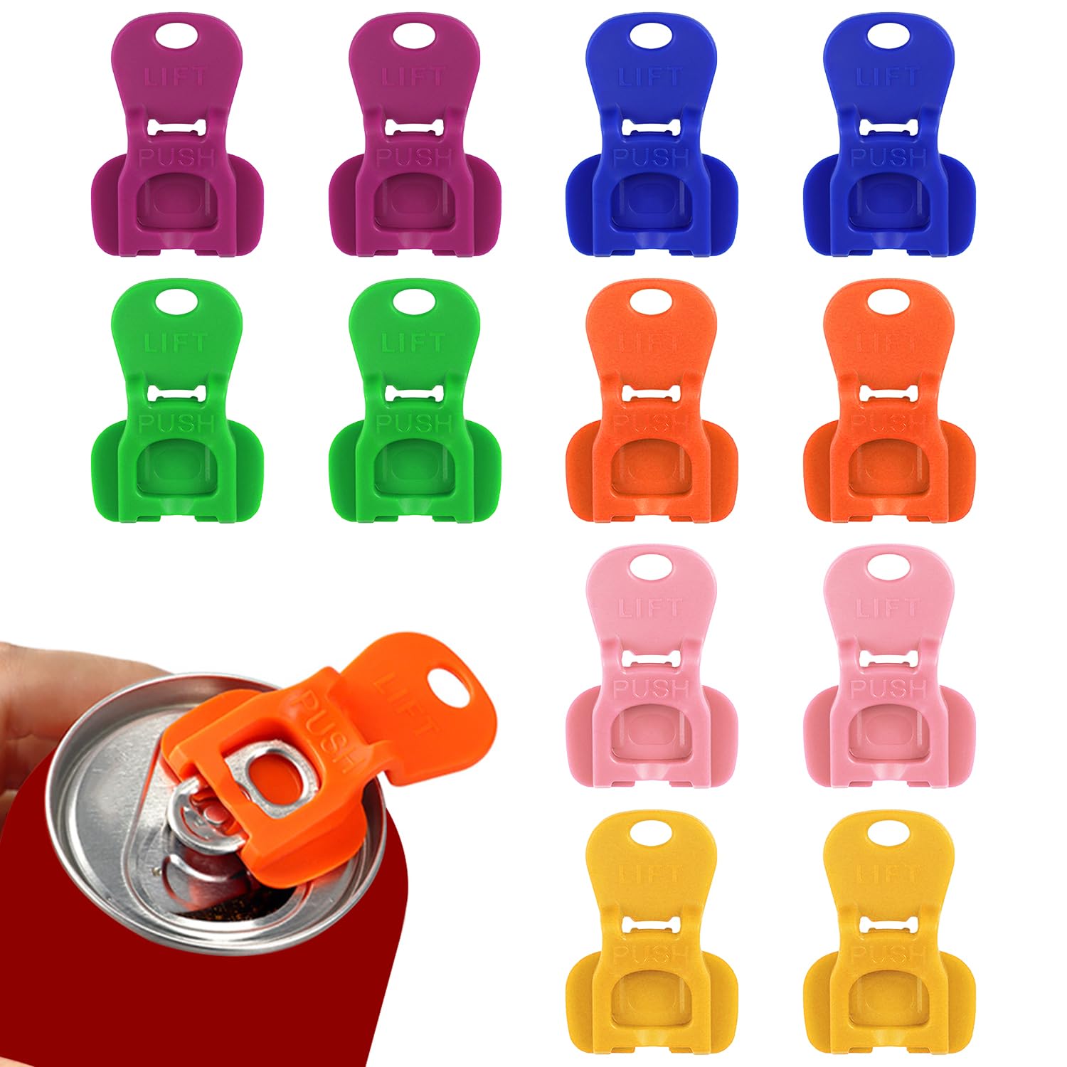 Apriscatole per Bevande 12 Pezzi, Plastica Manuale, Facile Apri Lattine, Colorata con Coperchio e Protezione