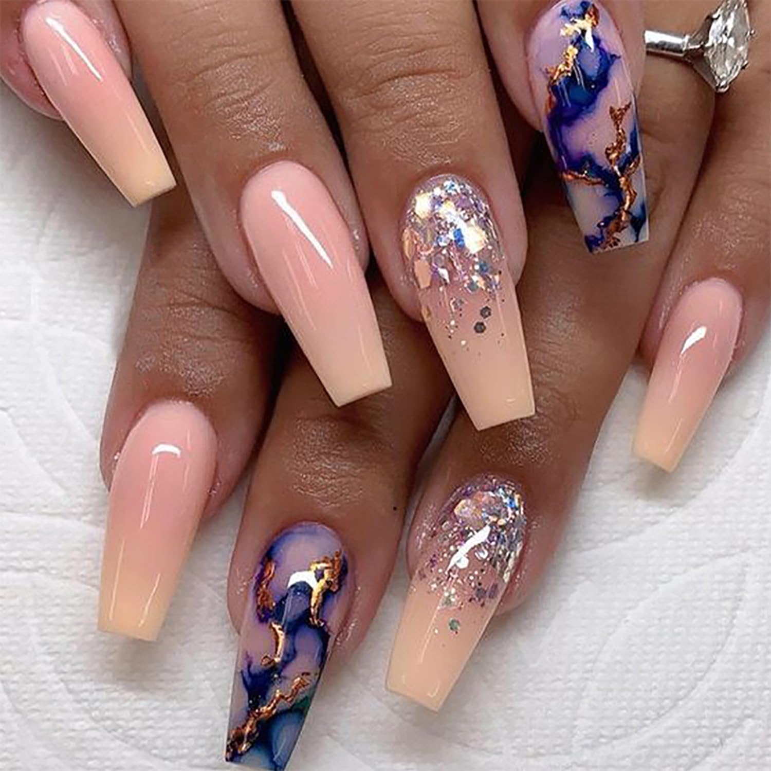 Vezocim Press on Nails Medium Square Shapes 24Pcs Glossy Full Cover Medium Acrylic Pink Square False Nails with Blue Marble Designs Artificial Coffin