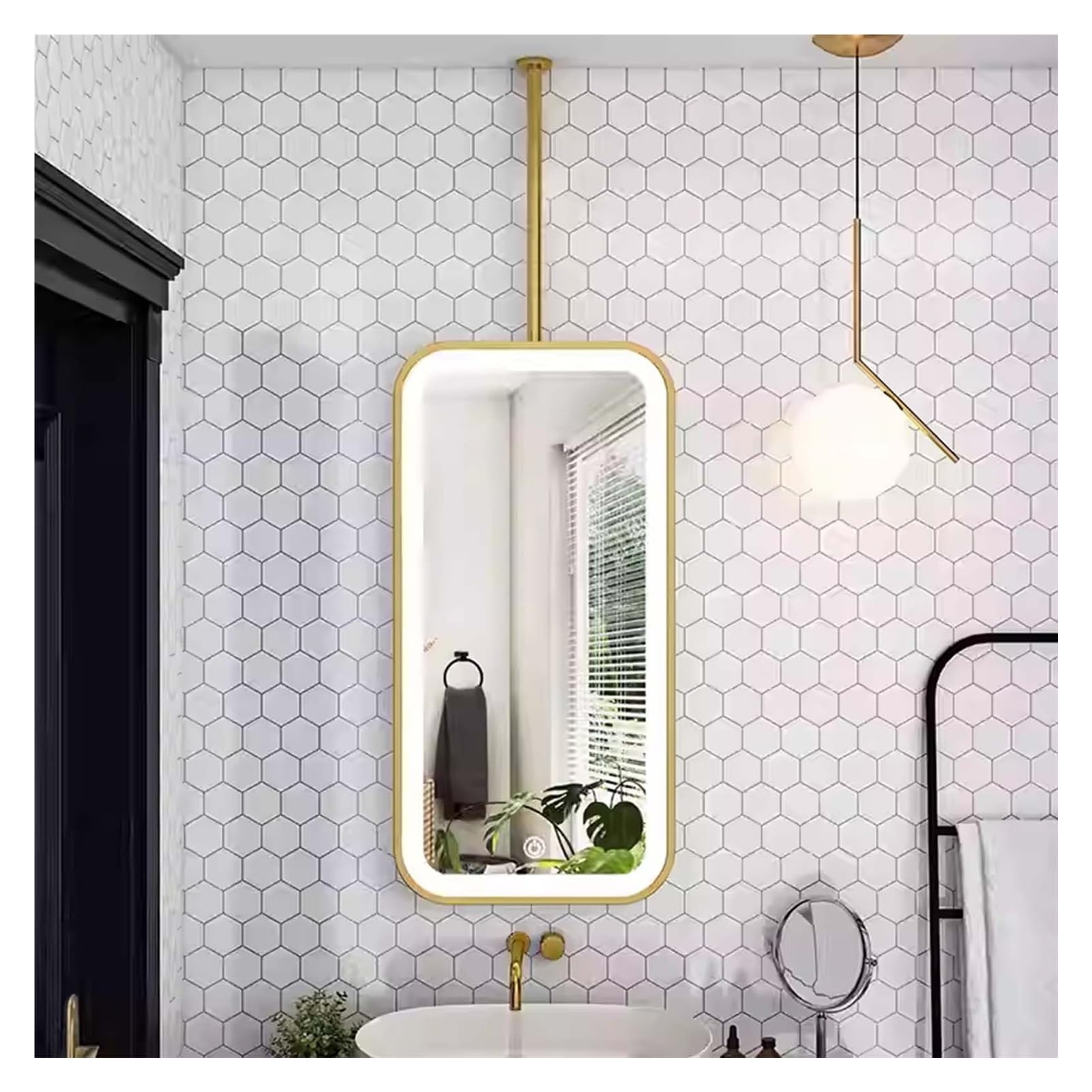 WJFTODAY LED Lighted Rectangular Ceiling Hanging Mirror - Modern Floating Bathroom Vanity Mirror for Home & Hotel Use - Clear and Practical Design (Gold, 40x70cm)