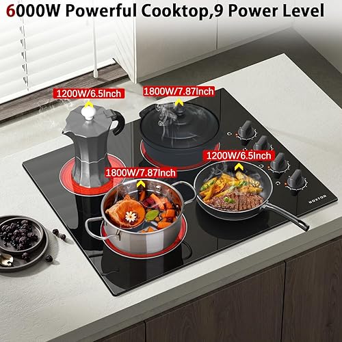 Miniatura 4 de Noxton Estufa eléctrica de 24 pulgadas, 4 quemadores, estufa eléctrica de cerámica radiante integrada de 24 pulgadas con control de perilla,