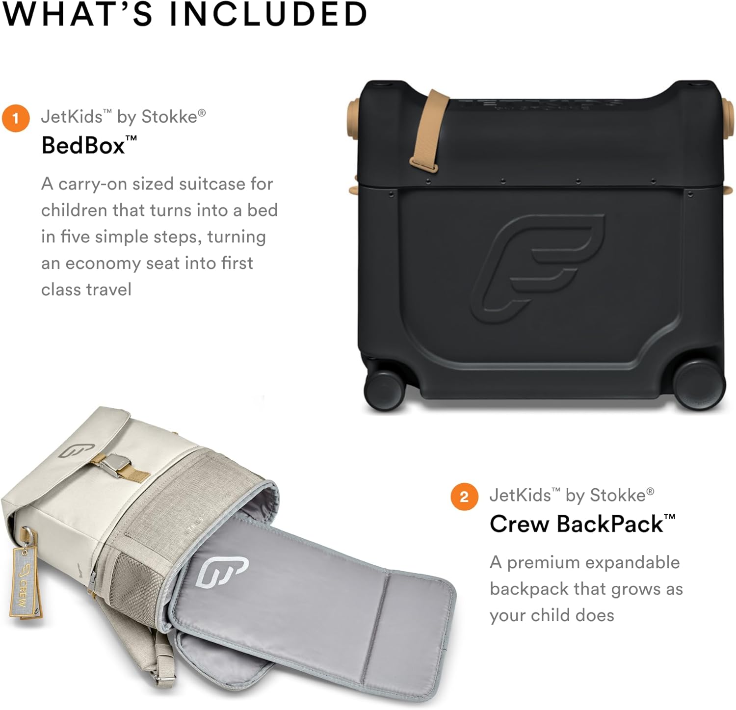 JetKids Stokke Travel Bundle, Black - Includes BedBox Ride-On Suitcase & Backpack - Best for Kids 2-7 Years Old (Up to 77 lbs)