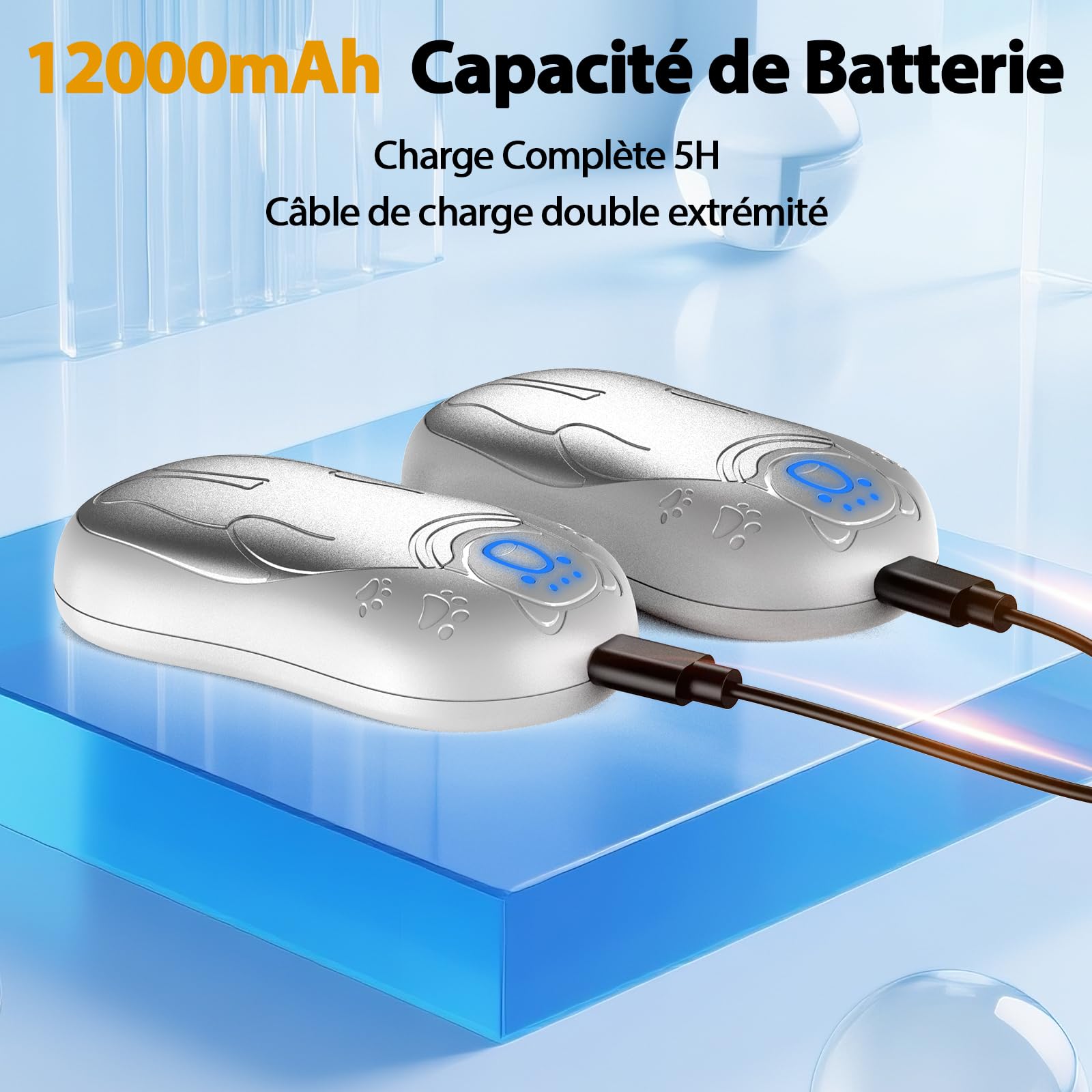 Chauffe Main Electrique 2 en 1 Blanc, Chaufferette Main Reutilisable, 3 Niveaux de Chauffe, 12000mAh Rechargeable par USB, Cadeaux Hiver Unisexes, pour Camping et Sports en Extérieur