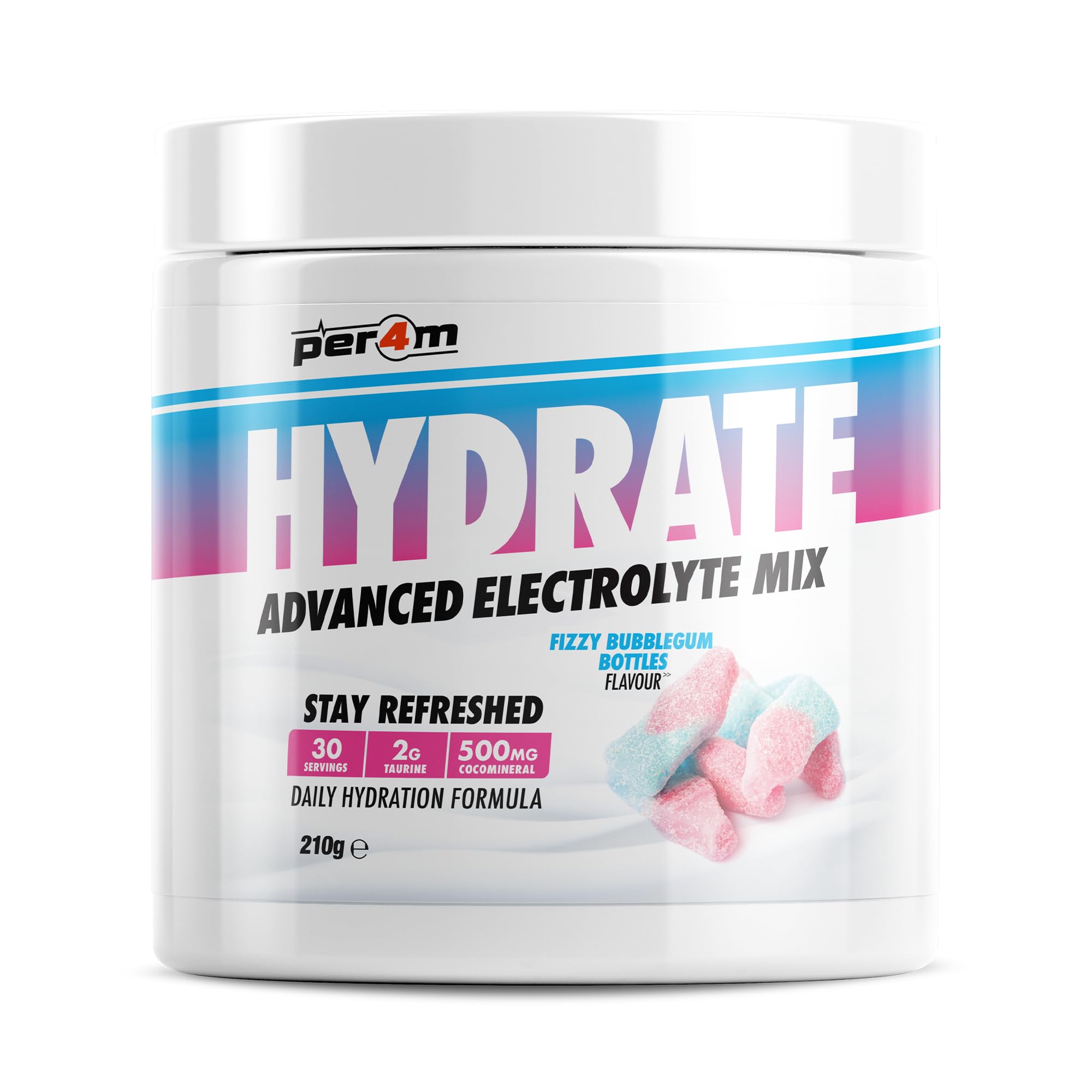Per4m Hydrate Electrolyte Mix Powder | 500mg Cocomineral to Replenish Essential Electrolytes | Muscle Function, Cardiovascular Health, Neurological Support | 210g (Fizzy Bubblegum Bottle)