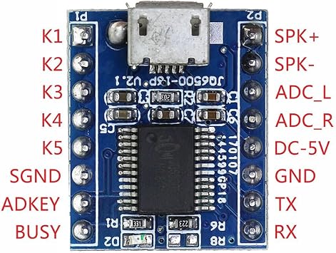 JQ6500 Mp3 Modülü-16Mbit Mini Ses Mp3 WMV 5 TuşluKontrol Microusb