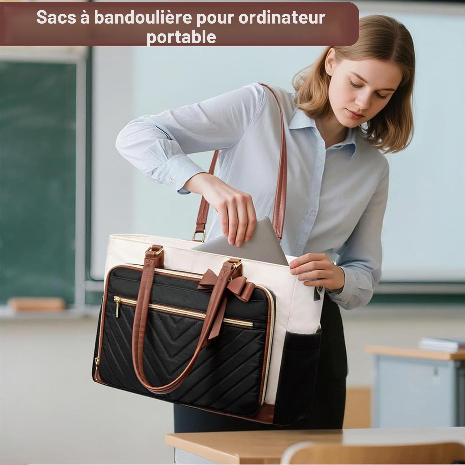 Sac Ordinateur Portable Femme avec Boîte à Déjeuner, Grand Sacs a Main Bandoulière de Courses et Cabas, Tote Bag pour Les Cours Lycee, Pour Travail étudiant Université Voyages