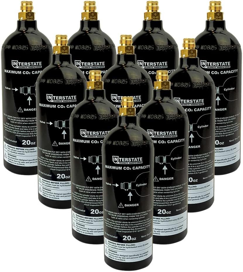 Interstate Pneumatics WRCO2-CL20 20 Oz. CO2 Pin Valve Cylinder Tank Paintball (Hydro 2021) - 10 Pack