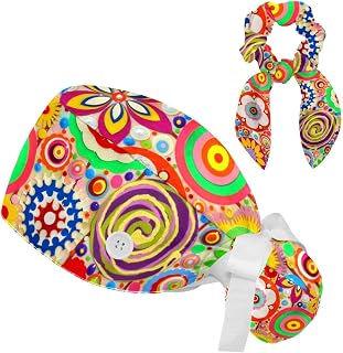 FVQL 2 Pieces Surgical Cap for Long Hair Scrub Cap with Hairband Nurse Cap, Colorful Pattern Floral Flower Seamless
