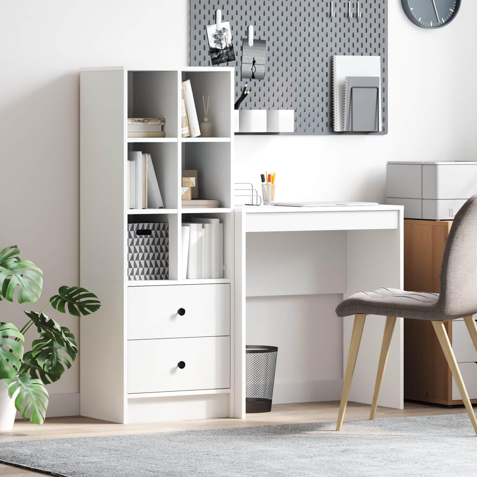 Schreibtisch mit Schubladen und Regal, weiß, 2-teiliges Set, Holzwerkstoff, 115,5 x 40 x 127 cm, Stauraum mit 6 Regalbrettern, ideal für Büro, Homeoffice und Arbeitszimmer
