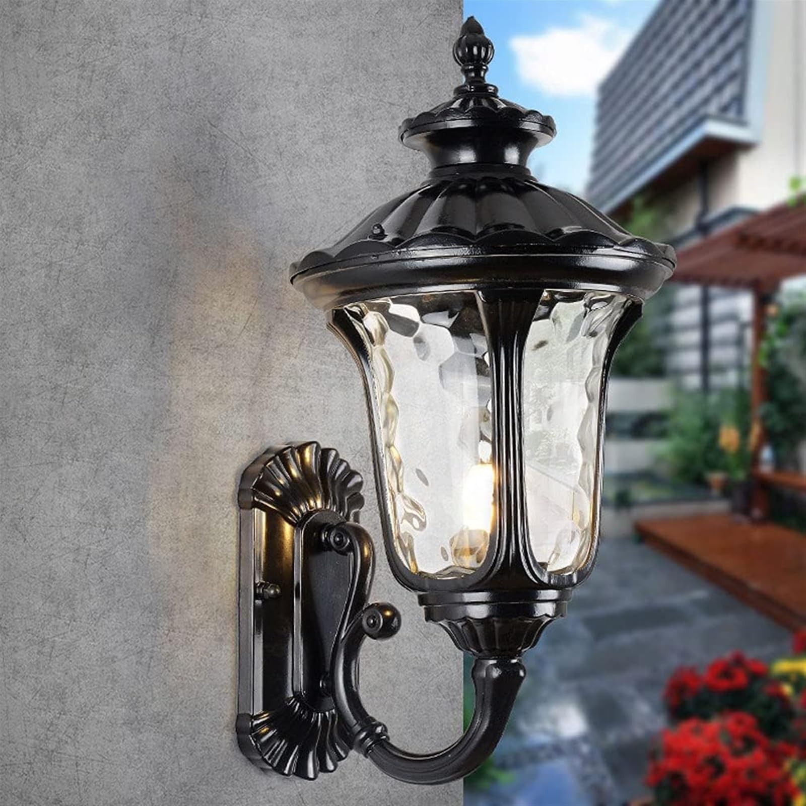 Applique Murale d'extérieur Style Antique, Abat-Jour en Verre martelé Transparent, Lanterne Murale IP65, luminaire décoratif pour Porche, Maison, Porche, Patio, terrasse, Garage