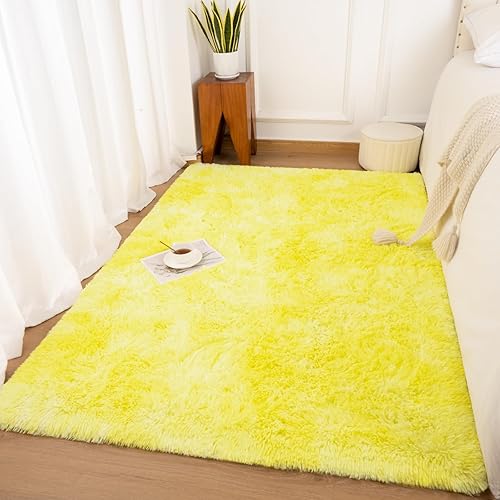 Miniatura 6 de Andecor Alfombra peluda para sala de estar, 4 x 6 pies, teñido anudado, amarillo, suave, esponjosa, para interiores, dormitorio, habitación de