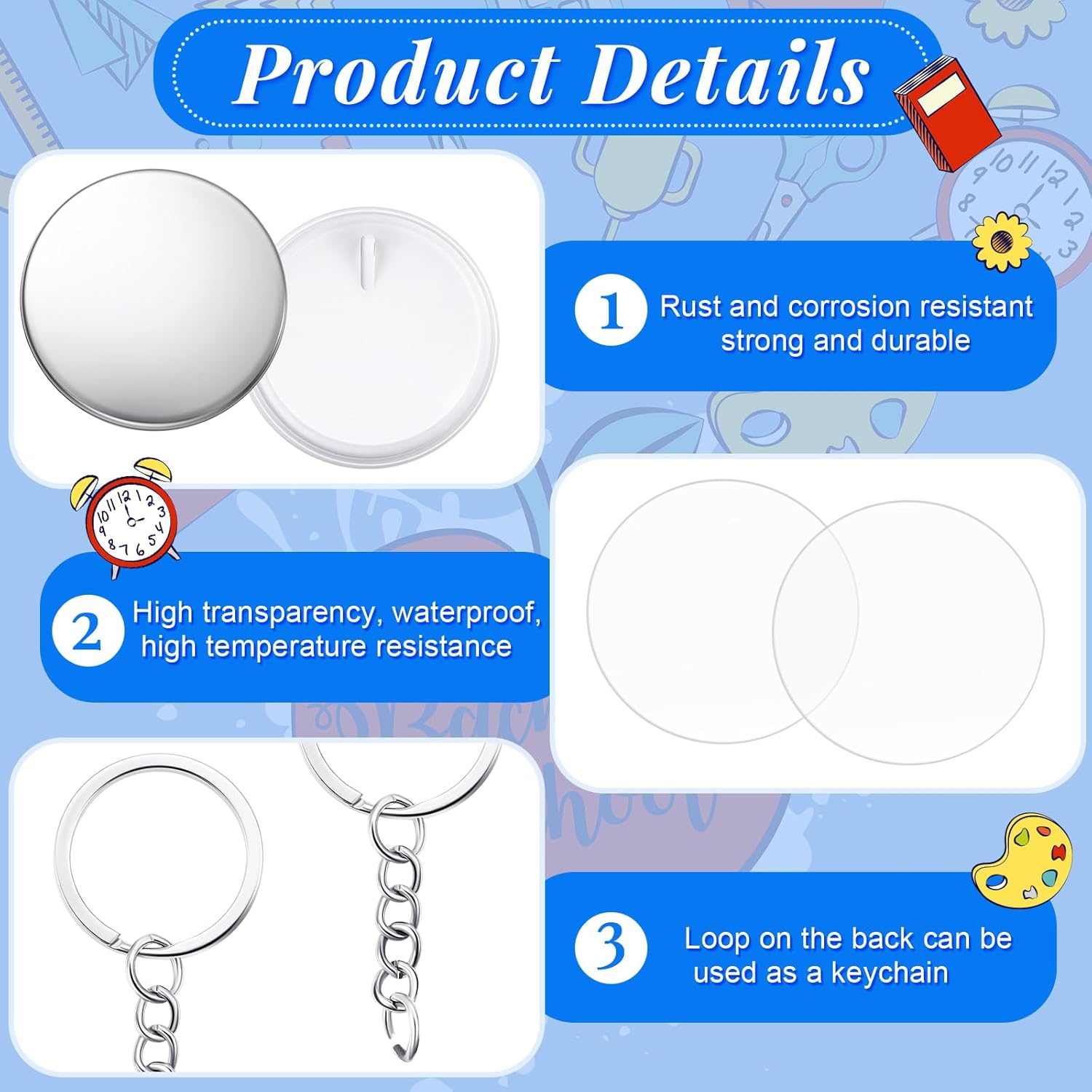 Tondiamo 100 Sets 58 mm/ 2.25 Inch Button Maker Keychains Supplies Metal Button Badge Sets Including Metal Shell, Plastic Film, Backing Parts, Keychain for Maker Machine DIY Gifts (Plastic Base)