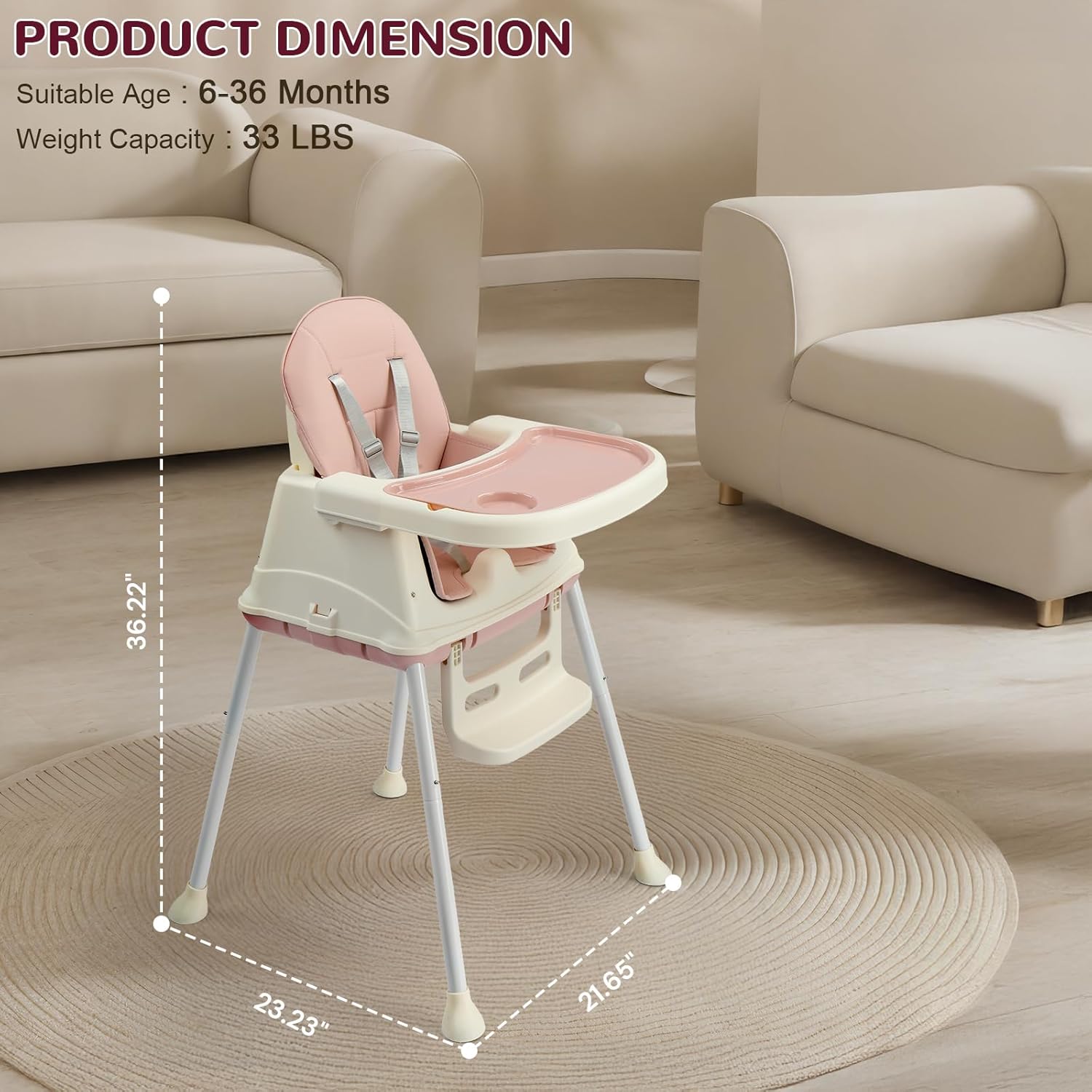 Ktaxon 6-in-1 Baby High Chair, Portable Convertible Highchair with Removable Dual-Layer Tray, 5-Point Safety Harness and Locking Wheels for Toddlers & Babies, Pink