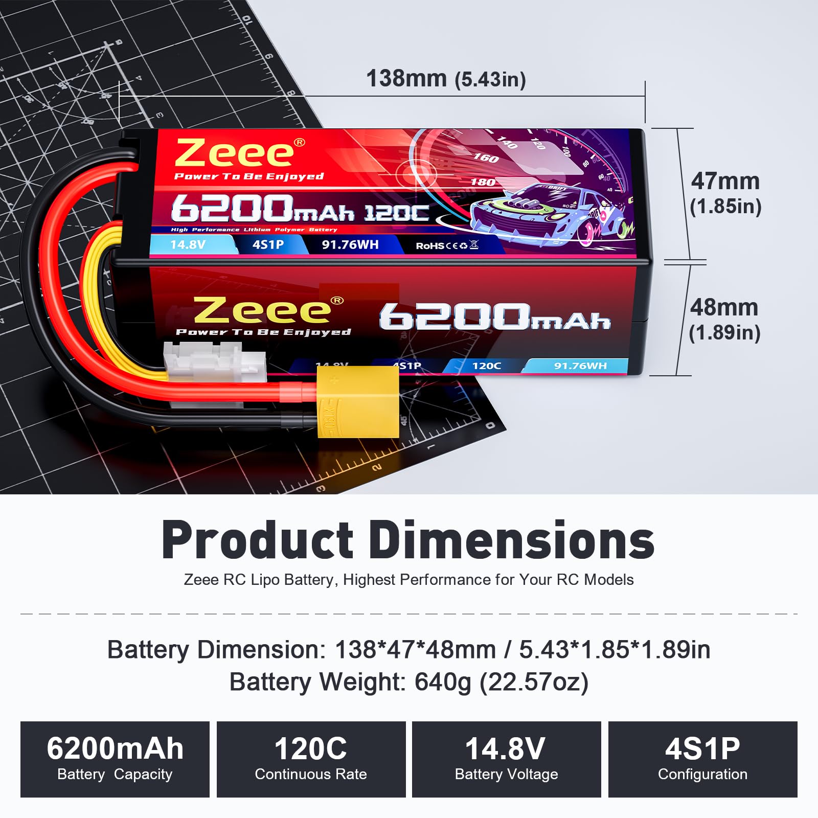 Zeee 4S Lipo 6200mAh 14,8V 120C Hartschalen mit XT90 Stecker(2 Packungen) | RC Batterie für Auto LKW Panzer RC-Buggy Truggy RC-Modelle