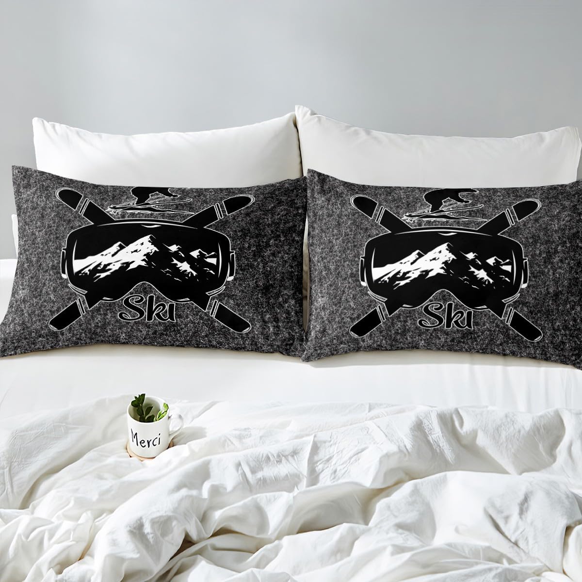 Erosebridal Winter Sports Sheet Set Skiing Goggles Outdoor Sports Sheets,Snow Mountain Sketch Snowboard Illustration Bed Sheets Set for Teens Youth Polar Bear Rustic Style Bed Set Twin,Retro Grey