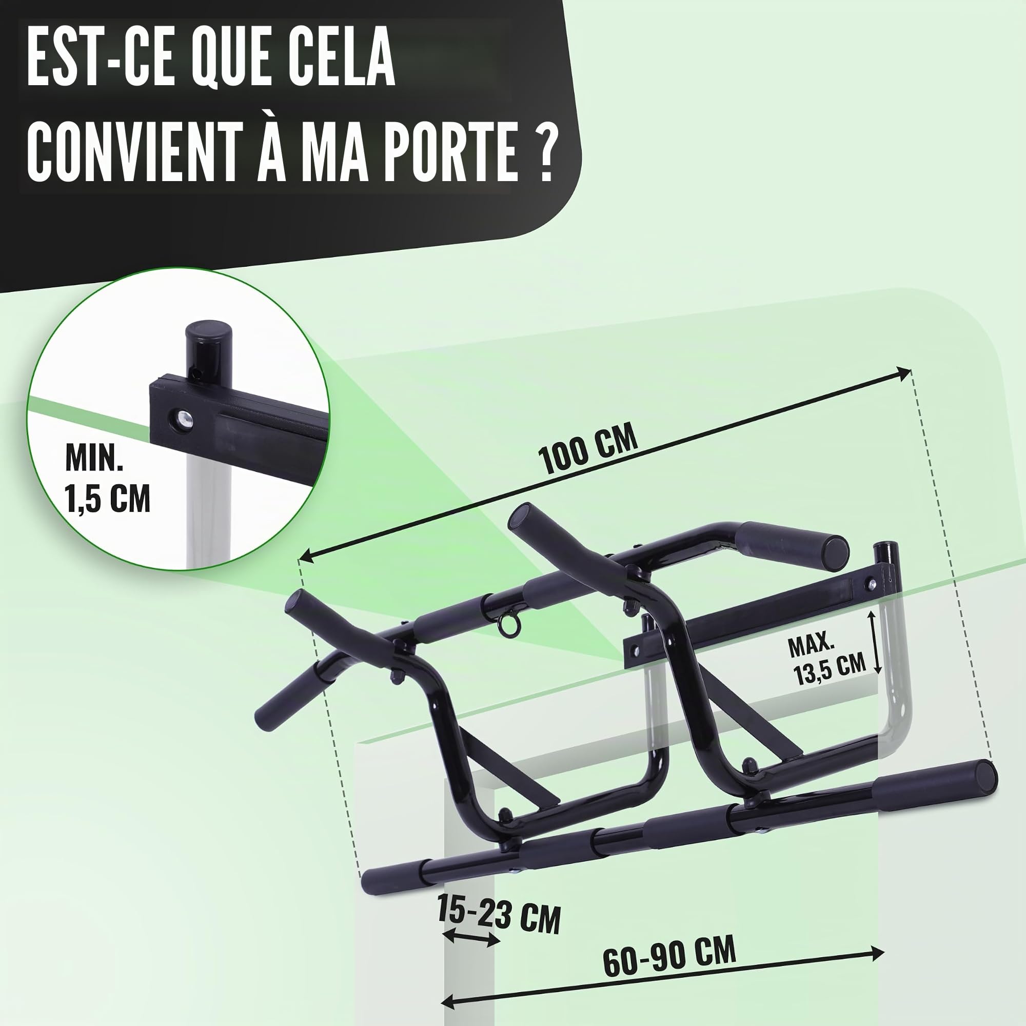 AthleticPro Barre de Traction pour Cadre de Porte sans Perçage – Barre de Tractions Robuste à Suspendre [portes jusqu'à 90cm] – Pour Tractions, Dips & Pompes avec Bande de Résistance