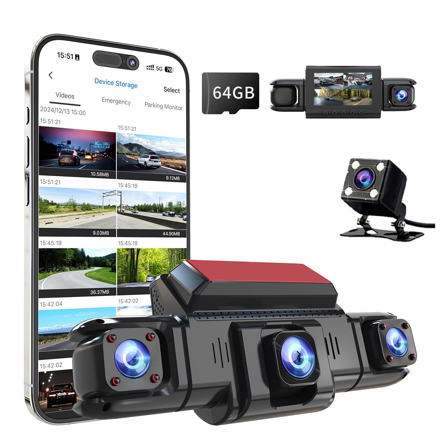 360 View 4 Channel Dash Cam Front and Rear Left Right Inside Camera for Cars, 5G Band WiFi, Night Vision, 170 Wide Angle, WDR, 24H Parking Mode, Supercapacitor, Included 64GB Card