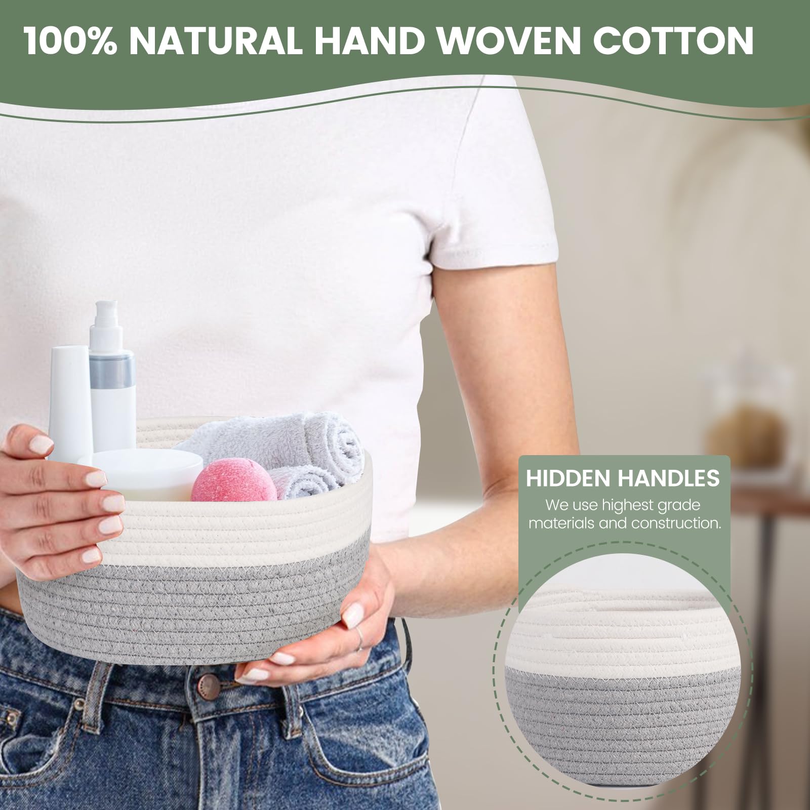 Set di 5 Cestini Portaoggetti,Piccoli Cestini in Cotone Intrecciato per Camera, Bagno e Mensole,Corda di Cotone per Bambini Bambina,Impilabile Organizer Fasciatoio